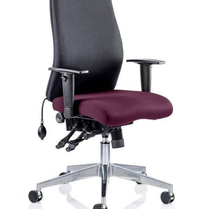 Side view picture of the Tansy purple coloured cushion seat with black fabric backrest , with triple lever mechanism and Aliminum 5 star base.