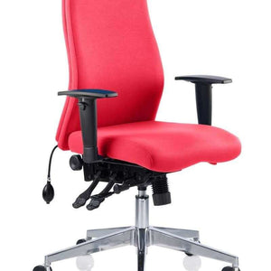 side view of the onyx ergo posture home office chair in bergamot cherry coloured fabric,