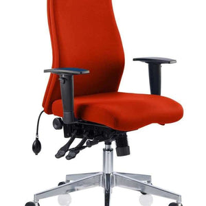 Showing the onyx ergo  operator home office chair in tabasco orange coloured fabric .