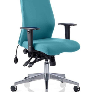 Showing the Mainga Teal coloured fabric onyx posture home office chair ,with triple lever multi-function mechanism  with Aliminum 5 star base.