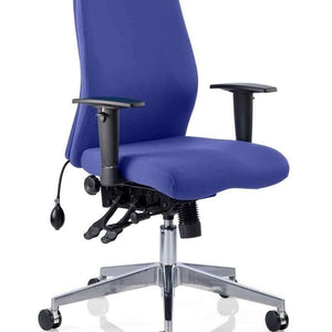 Showing the stevia blue coloured fabric cushion backrest and seat of the onyx posturer home office chair.