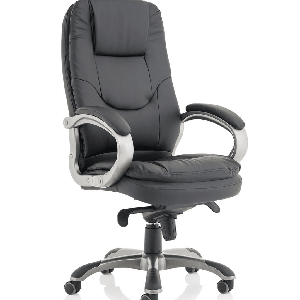 Close up ,of the oscar Executive home office chair in black faux leather luxury deep seat and backrest , gunmetal armrest and 5 star base.