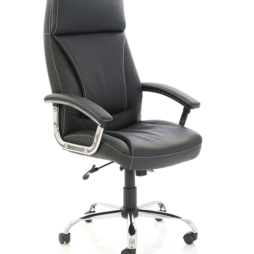 Picture showing the Penza chair with padded headrest,, luxury soft touch leather,paneled leather backrest and seat contempory design with padded chrome armrests and chrome 5 star base with castor wheels.