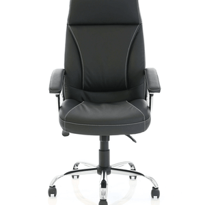 Front view of the penza chair with detailed stitching on the paneled cushioned backrest and cushioned seat with padded armrests and both chrome and 5 star base with castor wheels.