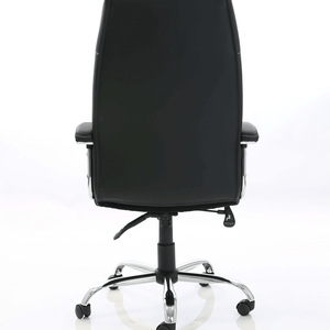 Picture showing the penza in black soft bonded leather with padded armrests and chrome 5 star base with castor wheels.