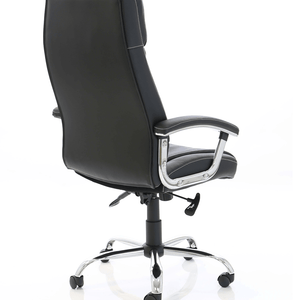 Side view picture of the black executive home office chair with detailed stitching padded chrome armrests and chrome 5 star base with black  castor wheels.