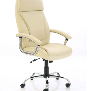 Picture of the white leather penza executive home office chair ,with paneled soft touch leather and seat ,with detailed stitching paddded armrets and matching chrome armrests and 5 star base with black  castor wheels.