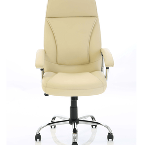 Picture of the cream soft bonded leather paneled backrest and cushioned seat , with padded armrests with matching chrome armrests and 5 star base, with black castor wheels.