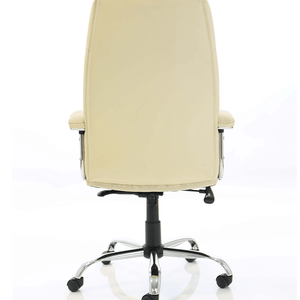 Picture of the back of the cream soft bonded leather penza Executive home office chair with padded armrests with matching chrome and 5 star base, with  black castor wheels.