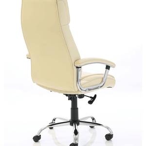 Side view picture of the white leather penza chair with cream  padded armrests with chrome and matching chrome 5 star base , with  black castor wheels.