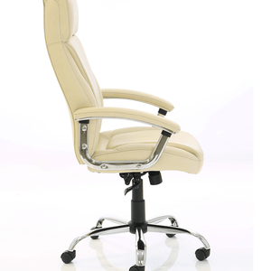 Side view picture of the cream leather penza executive home office chair with padded armrests with matching chrome and 5 star base  with black castor wheels