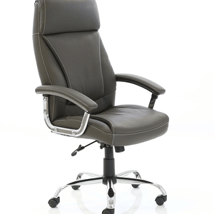 Picture showing the brown  luxury soft bonded leather paneled backrest and seat with padded armrests and chrome and chrome 5 star base with black  castor wheels of the penza executive home office chair.