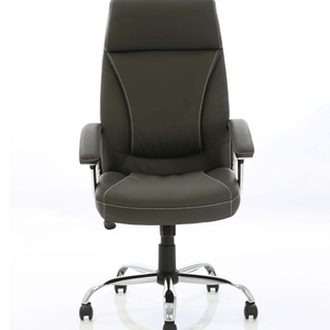 Picture of the brown luxury soft paneled backrest and seat with detailed  stitching , padded armrests and matching chrome 5 star base , with black castor wheels.