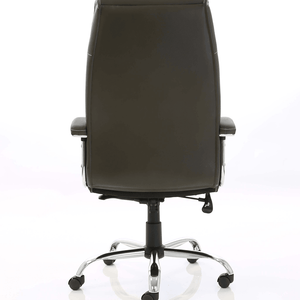 Picture showing the back view of the brown soft bonded leather penza Executive home office chair with chrome 5 star base with black castor wheels.