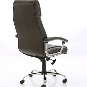 Side view picture of the brown soft bonded leather penza executive home office chair with padded armrest with matching chrome arms and 5 star base , with  black castor wheels.