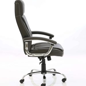 Picture of the brown soft bonded leather Penza executive home office chair with detailed stitching  paneled backrest and seat with cushioned headrest, and with chrome padded armrets and chrome 5 star base , with black  castor wheels.