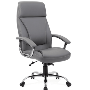 Picture showing the Penza Executive home office chair in grey soft bonded leather with padded chrome armrests, and matching chrome 5 star base , with black castor wheels and twin lever lock mechanism.