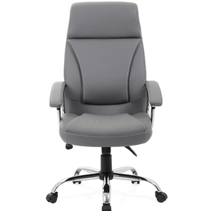 Picture showing front view of the grey soft bonded leather Penza Executive home office chair with paneled backrest and seat and cushioned headrest , with padded  chrome armrests and matching chrome 5 star base , with  black castor wheels.