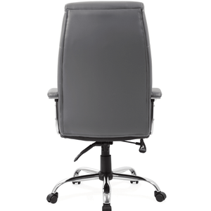 SPicture showing back view of the grey Penza Executive home office chair with twin lever mechanism weight tilt tension and chrome 5 star base with  black castor wheels.