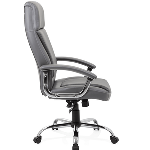 Picture of right side view of the grey leather penza chair with deatiled stitching cushioned headrest paneled bcackretc and seat , with padded chrome armrests and with chrome 5 star base , with black castor wheels.