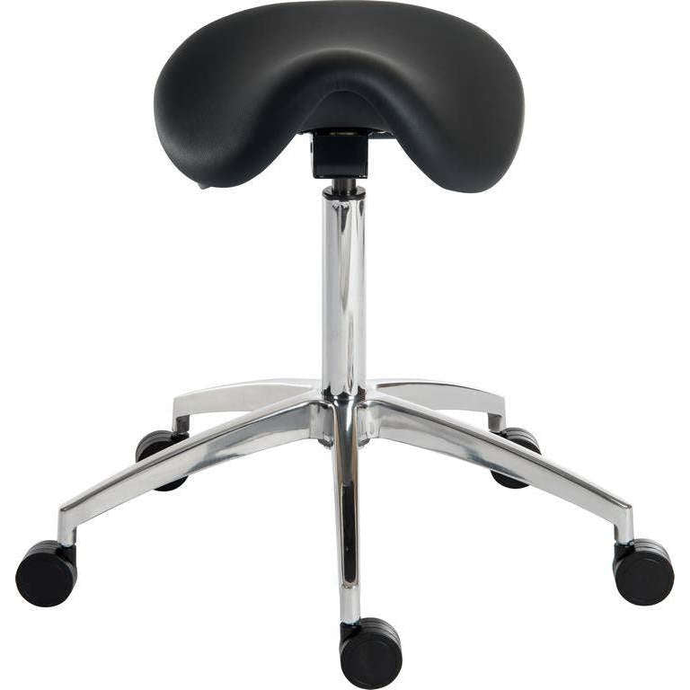 perch black or white sitstand height adjustable stool for home office. close up front stool in black cushioned saddle seat. with high grade Aluminum 5 star base.