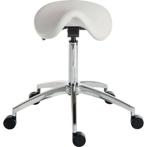    perch black or white sitstand height adjustable stool for home office  close up of the white sit or stand stool in the lower postion.