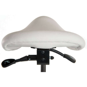 perch black or white sit-stand height adjustable stool for home office. close up of white contoured saddle style seat with adjustment levers.