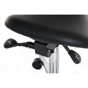 perch black or white sitstand height adjustable stool for home office, close up stool in black with the adjustable levers.and padded cushion saddle style.