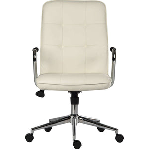 piano executive contemporary white bonded leather home office chair.  close up of the chair with chrome five star base.  and black castor wheels.can be used up to 8 hours a day and rated 110kg.