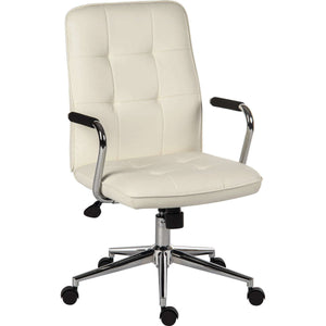 piano executive contemporary white bonded leather home office chair. 45 degree angle, with 5 star chrome base. with black  castor wheels.