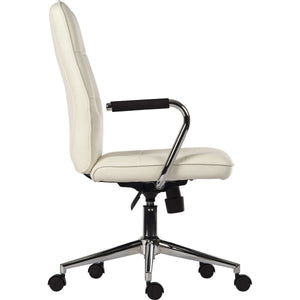 piano executive contemporary white bonded leather home office chair. side view with removable nylon fixed armrests .and chrome 5 star base. and black castor wheels.