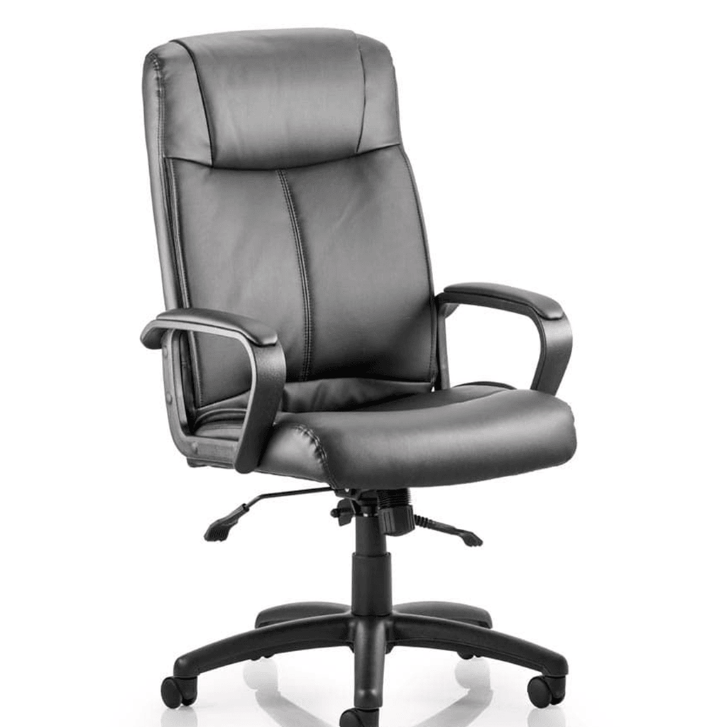 Picture of the black leather plaza Executive home office chair with contoured headrest padded seat backrest and armrest with twin lever mechanism matching nylon 5 star base with black castor wheels.