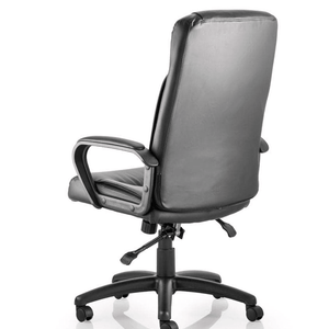 Picture of side view showing back view soft bonded leather with padded armrests , matching nylon 5 star base with  black castor wheels .