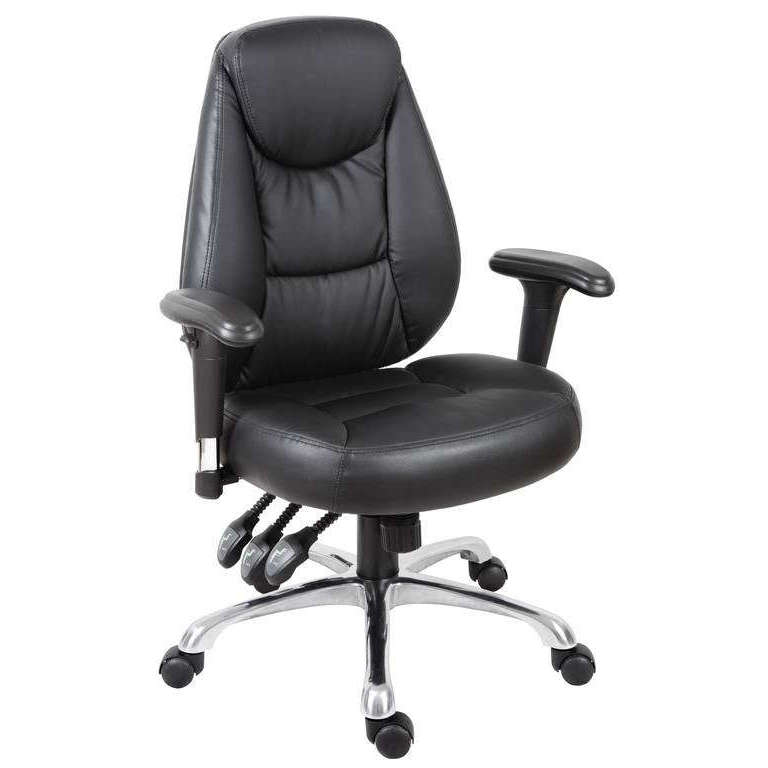 portland black operator faux leather home use upto 8 hours aday and rated 110kg. office chair. 45 dgree angle  with 3 lever synchronous mechanism, and steel 5 star base with black castor wheels. use up to 8 hours a day 