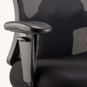 Close up picture of the ajustable and removable padded armrest of the portland hd operator chair, with large cushioned seat.