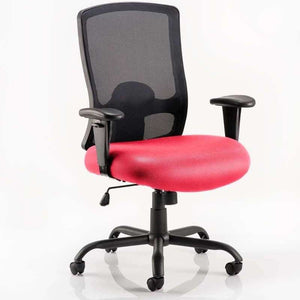 Picture of the Portland hd operator chair with large cushioned bergamot  cherry coloured fabric seat. with 5 star base and black castor wheels.