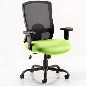 Picture of the myrrh green fabric cushioned seat of the portland hd operator chair.