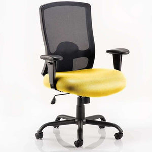 Picture of the large meshed back hd operator home office chair with large senna yellow fabric cushioned seat .