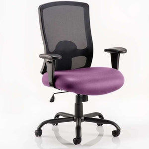 Picture of the Portland hd operator home office chair, with the Tansy purple coloured cushioned fabric seat with large air mesh backerst.