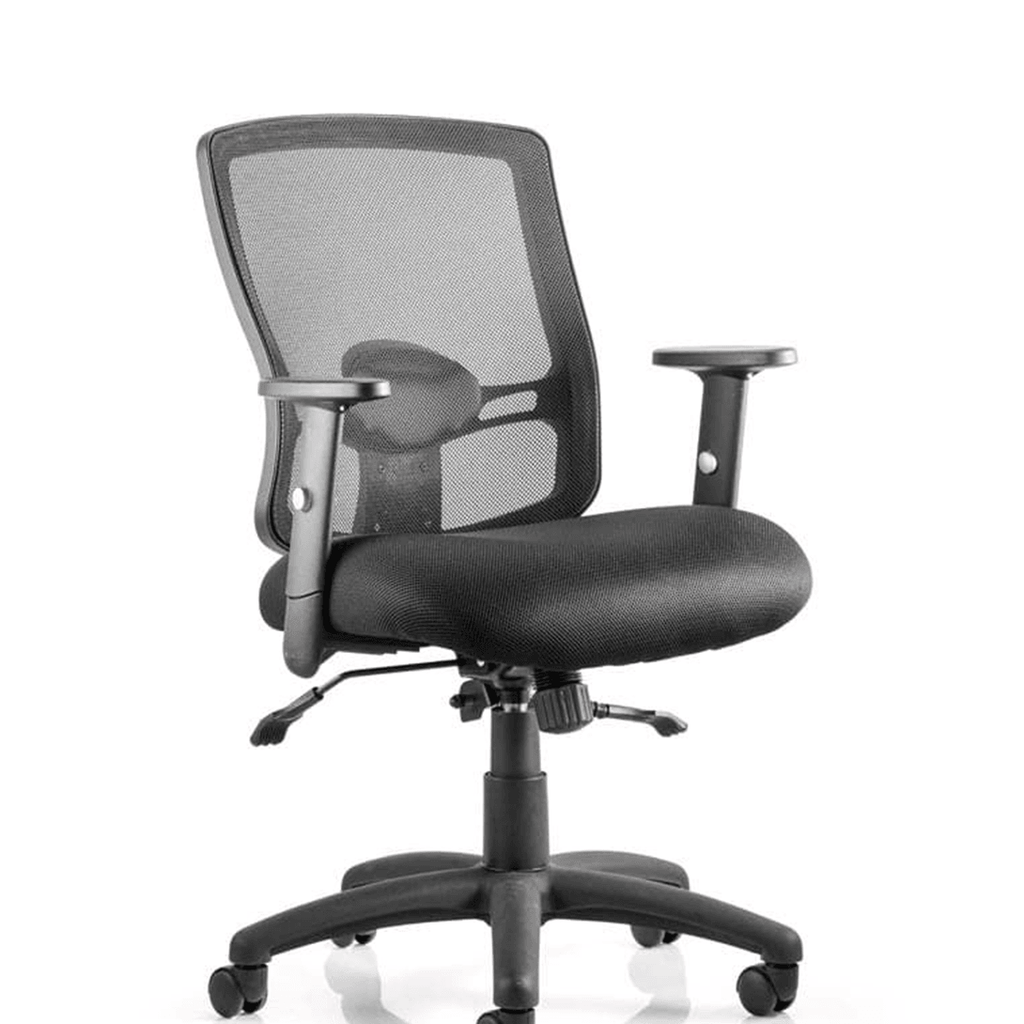 Picture showing the large wide air mesh backrest with black cushioned seat with adjustable armrest.  with 5 star base. and black castor wheels,