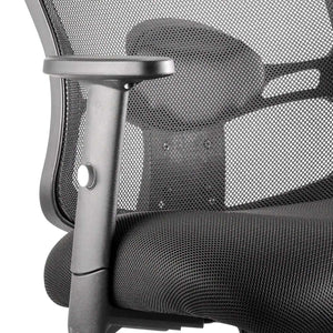 Close up view of height adjustable  armrest with black  cushioned seat .