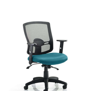 Picture of Maringa teal coloured fabri cushion seat with black mesh backrest of the portland ii operator home office chair.