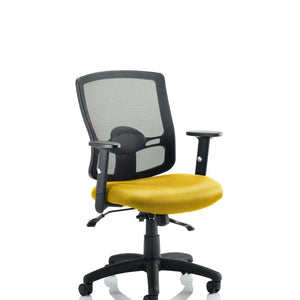 Picture of the portland ii operator home office chair with senna yellow fabric cushioned seat with black meshed back .