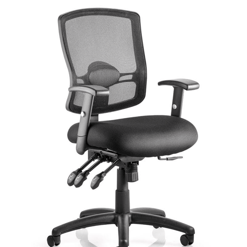 Picture of the black ratchet back height adjustment , backrest tilt and adjustable  armrests with triple lever function and 5 star base. with black castor wheels