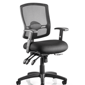 Picture of the black ratchet back height adjustment , backrest tilt and adjustable  armrests with triple lever function and 5 star base. with black castor wheels