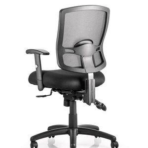 Side view of the portland iii operator home office chair in black fabric cushioned seat with height adjustable armrests and 5 star base , with  black castor wheels.