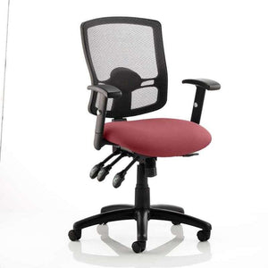 Picture of the ginseng coloured cushion seat with black meshed backrest of the portland iii operator chair.with triple lever and 5 star base with black  castor wheels.