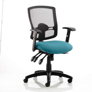 Picture of the maringa teal coloured fabric cushioned seat with black meshed backrest, of the portland iii home office chair.