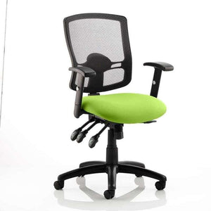 Picture of the myrrh green coloured fabric seat cushion with black meshed backrest.