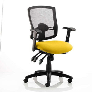 Picture of the senna yellow fabric seat cushion with black air meshed backrest. of the portland iii home office chair.